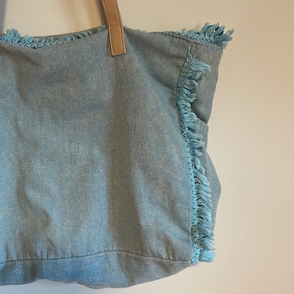 Sun N Sand Beach Bag Denim Frayed Light Blue Tan Zipper - Picture 4 of 11